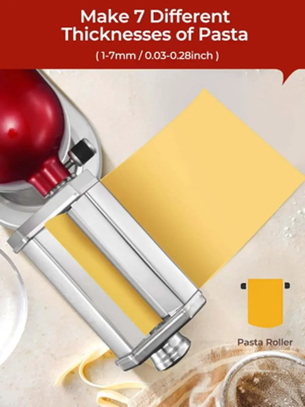 Pasta Roller Attachment for Kitchenaid Stand Mixer, Adjustable Thickness, Pasta